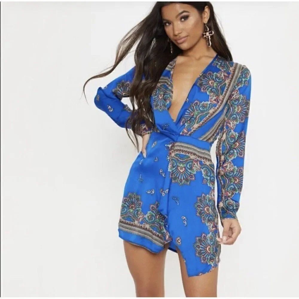 pretty little thing New Paisley thandie cobalt silky long sleeve wrap Mini dress